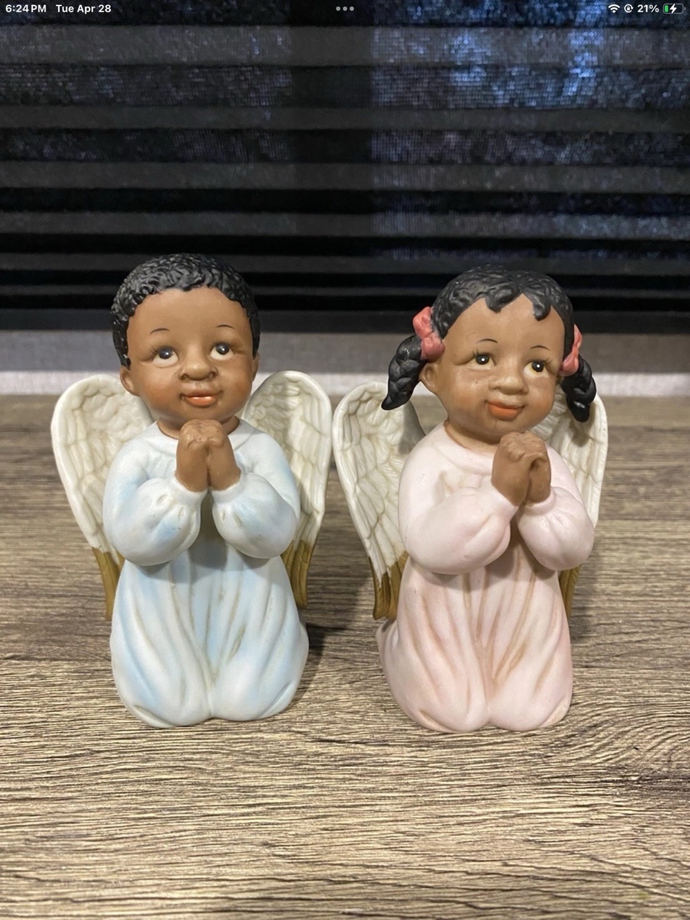 Pair of Vintage Praying Angel Figurines - Blue & Pink Dresses